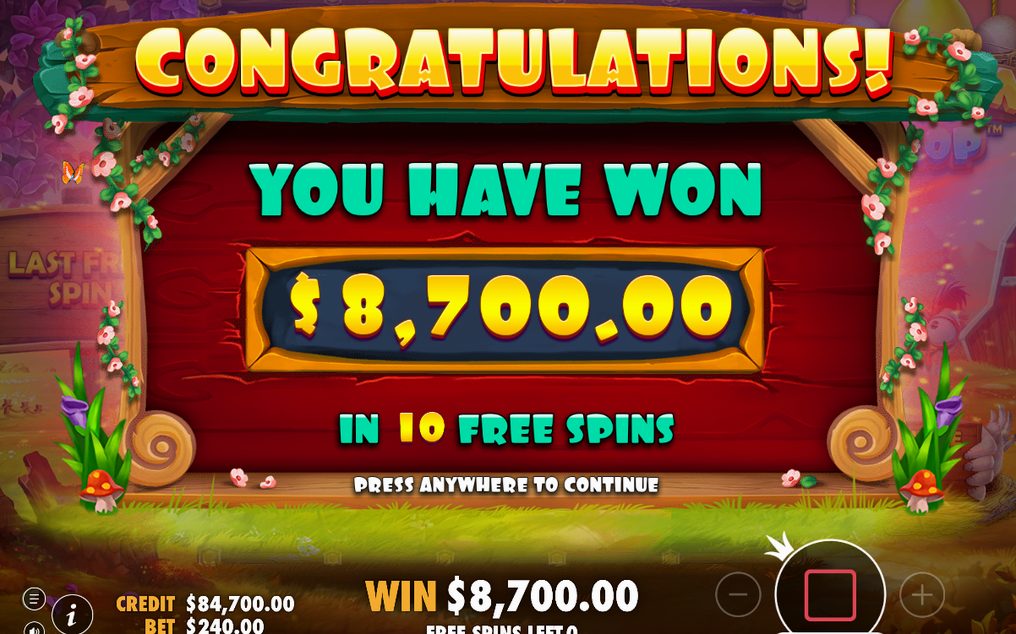Win screen showing a cluster win and the Tumble