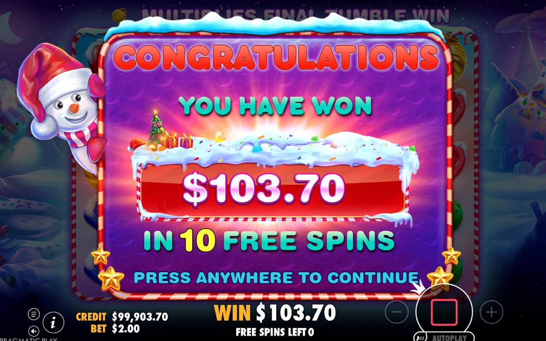 Win screen after the tumbles with the total win